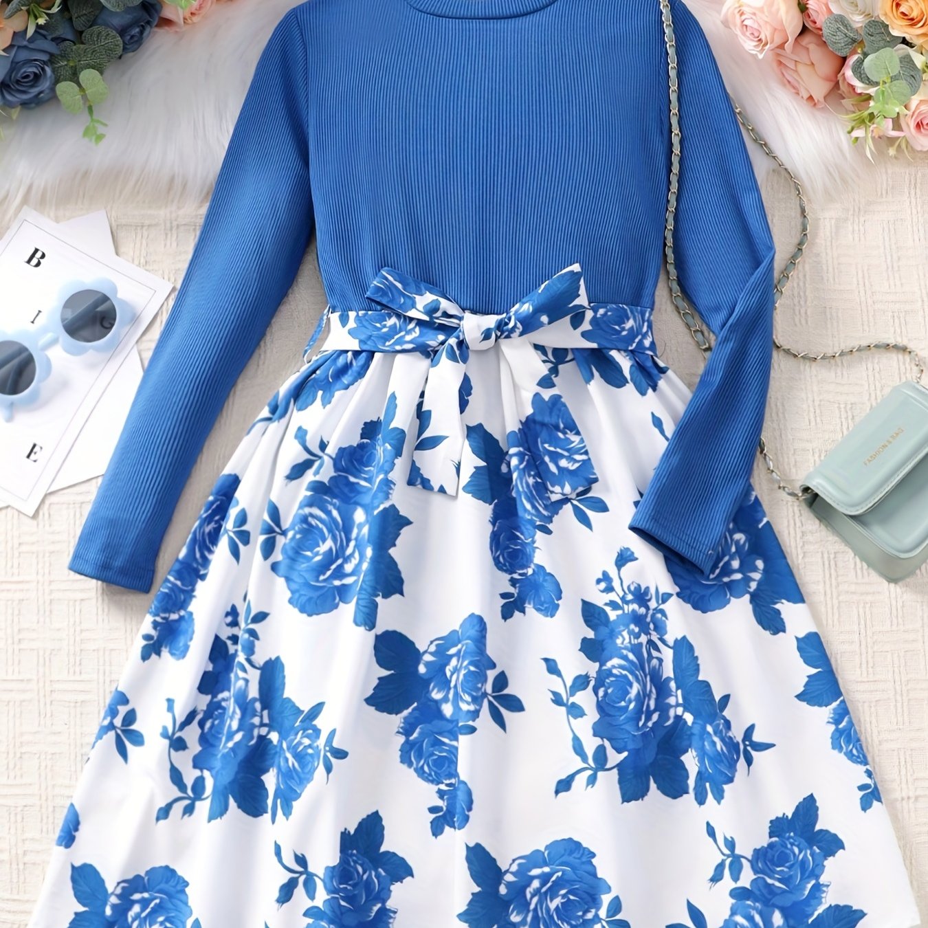 Adorable Floral Belted Dress for Girls - Long Sleeves, Round Neck, Splicing Design, Party-Perfect, Spring Collection, Kids' Clothing