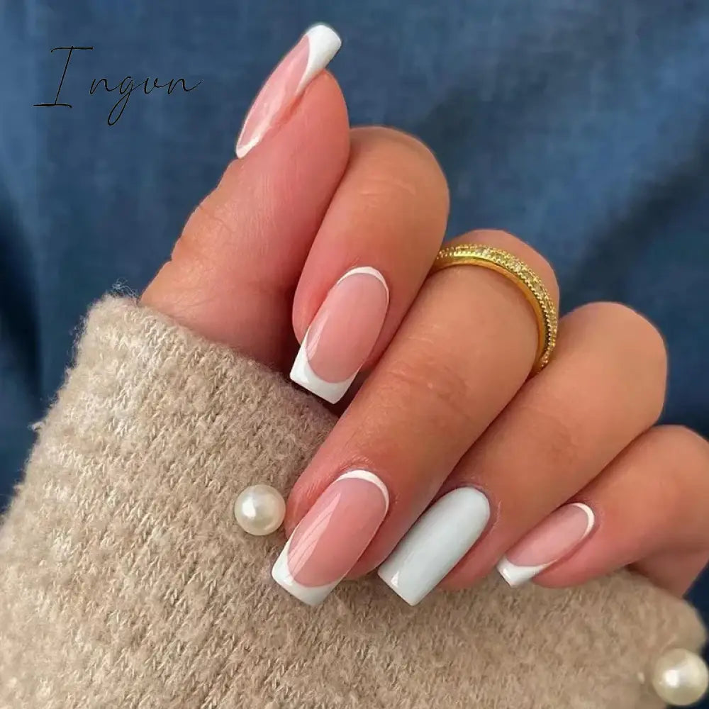 24Pcs French Tip  Press on Nails Short Coffin False Nails Simple Wearable Fake Nails Frosted Full Cover Press on Nail Tips Art