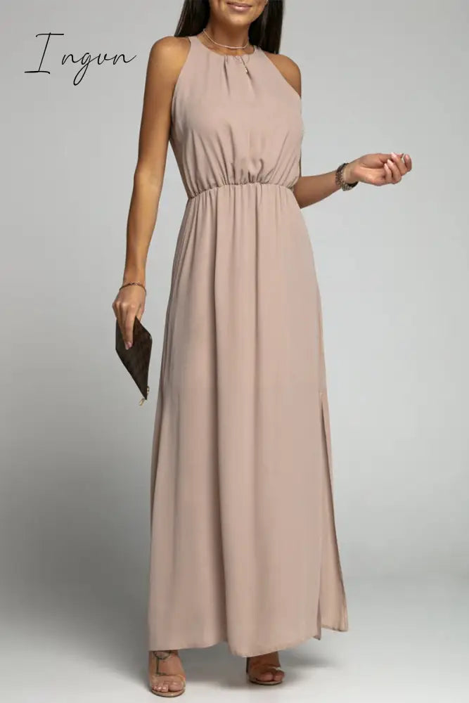 Ingvn - Elegant Solid Backless Slit O Neck Sleeveless Dress Dresses