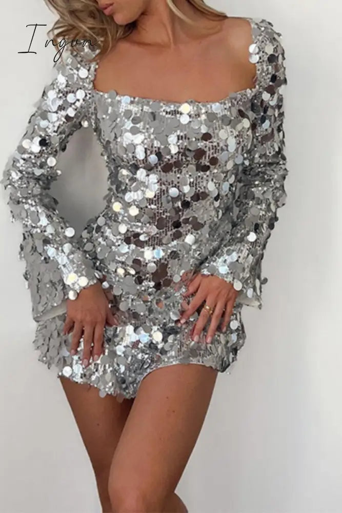 Ingvn - Sexy Patchwork Sequins Frenulum Backless Square Collar Long Sleeve Dresses