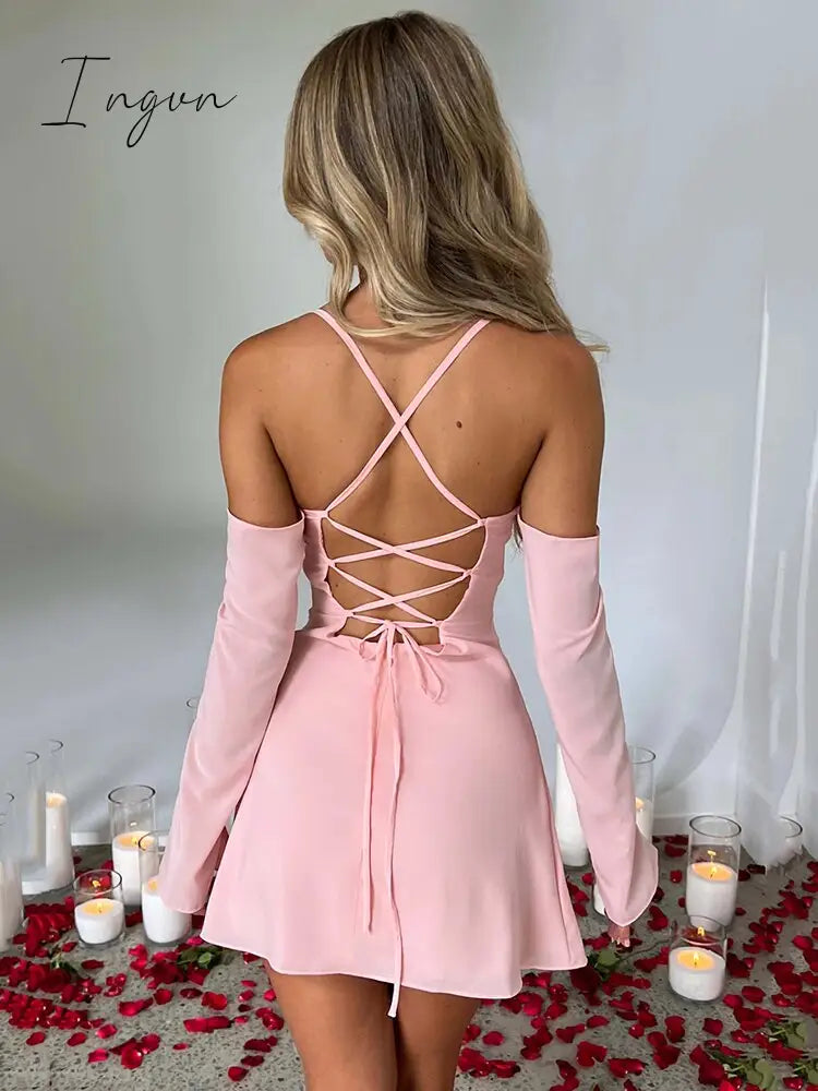 Ingvn - Elegant Pleated Bust Lace Up Back Mini Dress Women Summer New Long Sleeve Backless Bodycon Sexy Party Club Dress