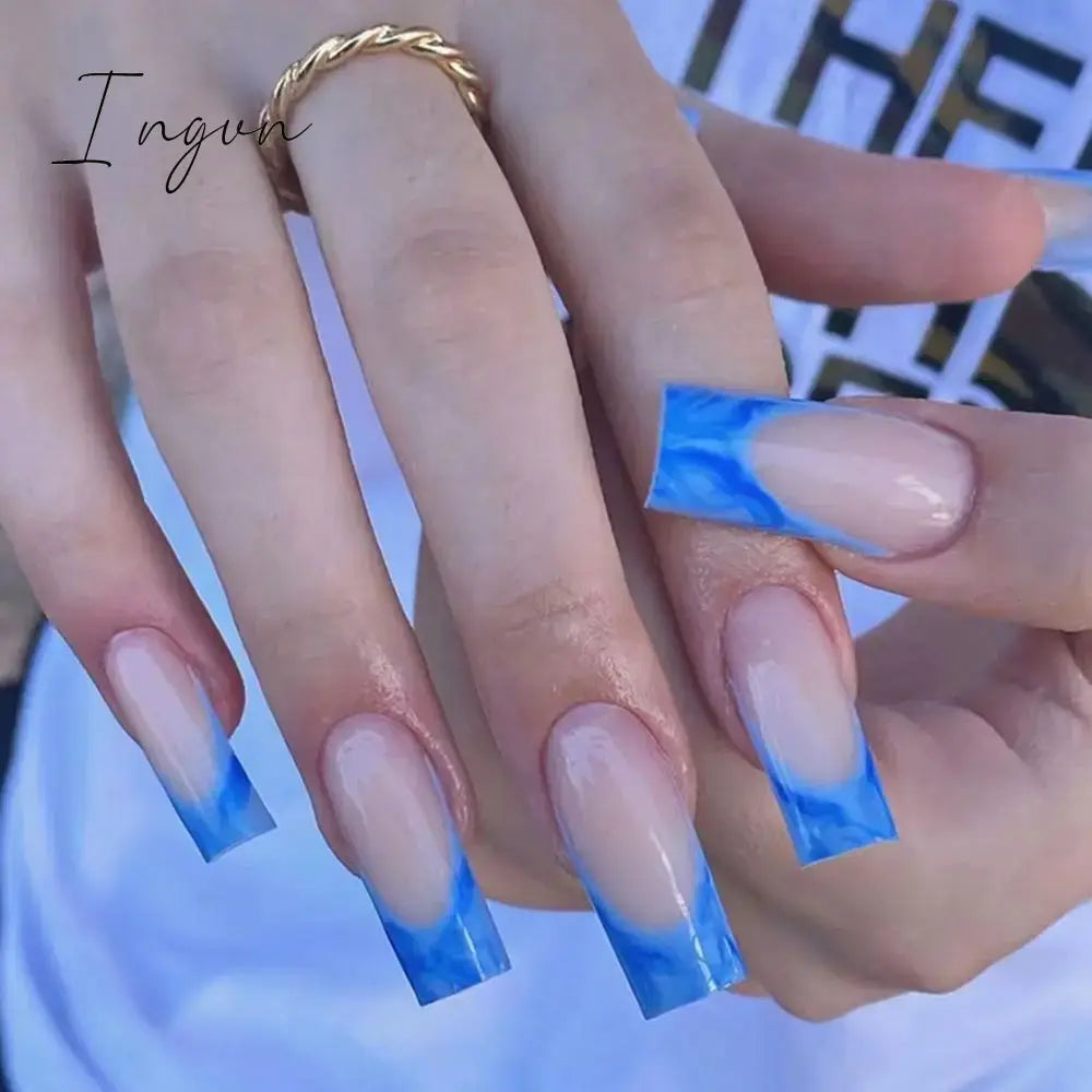 24pcs Mid-length Simple Smudged False Nails Wearable French Ballerina Fake Nails Full Cover Nail Tips Set Press On Nails