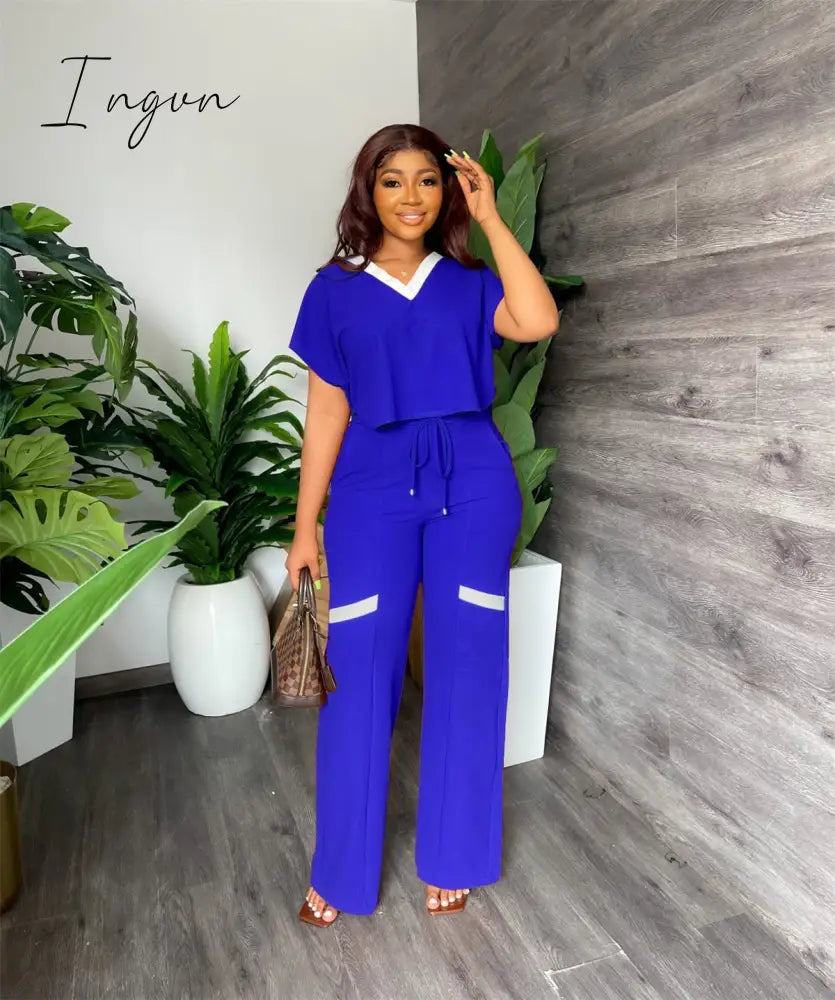 Ingvn - Summer Fashion Casual Two Piece Set Women V Neck Short-sleeved T-shirt Elastic Straight Pants Two Piece Suit Women