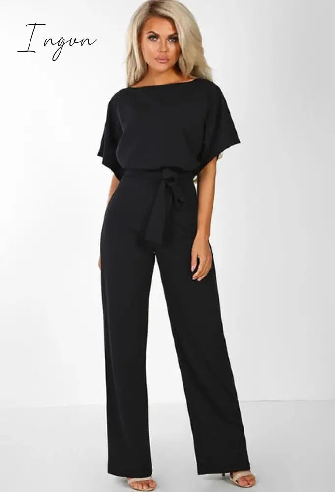 Ingvn - Women Summer Jumpsuit Short Sleeve Elegant jumpsuit Long wide leg Pants High waist Casual Bodysuit Plus Size Overalls Loose