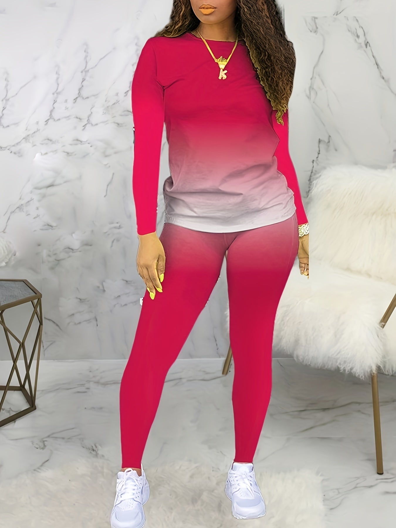 Plus Size Casual Outfits Set, Women's Plus Ombre Print Long Sleeve Round Neck Top & Pants Outfits Two Piece Set