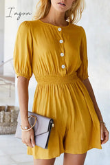 Ingvn - High Neck Button Smocked Waist Romper
