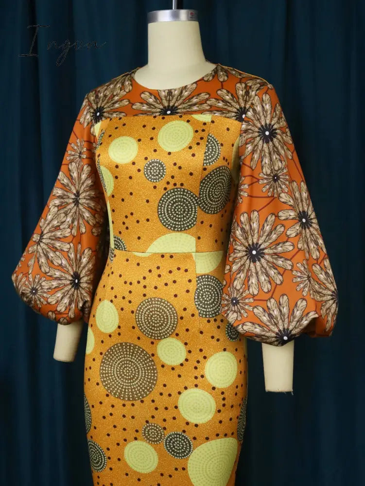 Ingvn - African Women Sun Flower Printed Long Dresses O Neck Lantern Sleeve High Waist Sheath Gowns 4XL for Wedding Guest Church Outfits