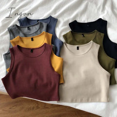 Ingvn - Summer new ladies retro crop top high waist slimming stretch slim short sleeveless bottoming top
