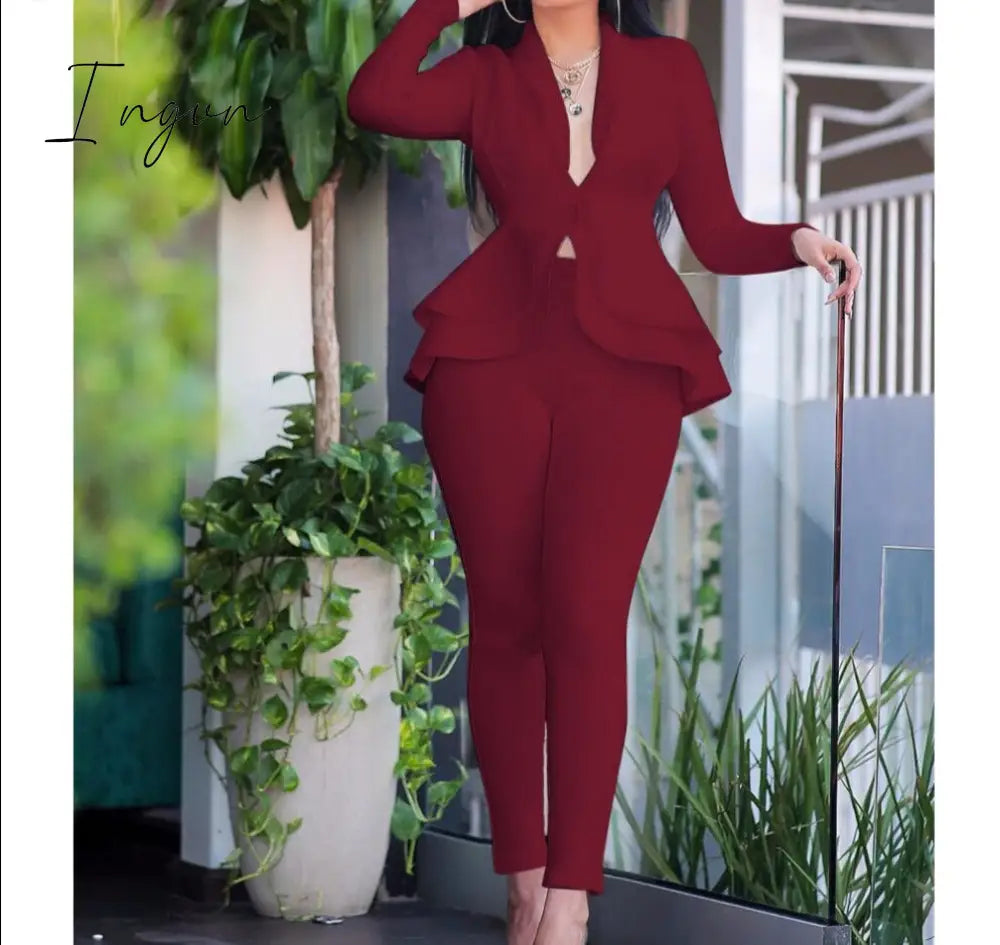 Ingvn - high quality Sexy Business Suits For Women Solid Black White Office Ladies 2 Piece Sets Scallop Design Elegant Women Suit Coat & Pants Set