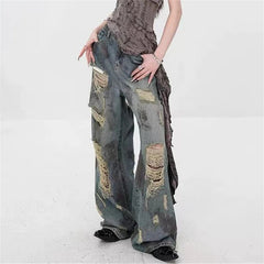 Ingvn  Women's Wear Through Dirty Blue Distressed Jeans Summer Girl Wide-leg Denim Trousers Vintage Bottoms Female High Waisted Pants