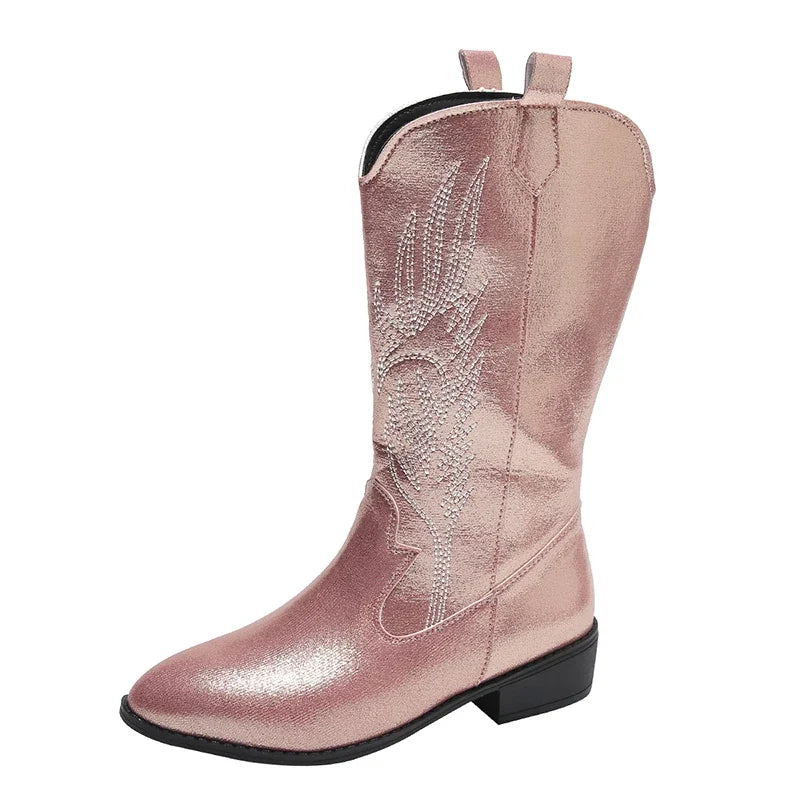 Ingvn  Vintage Thick Heel Women Western Cowgirl Boots Fashion Slip On Shoes Autumn Winter Embroidery Ladies Mid Calf Booties