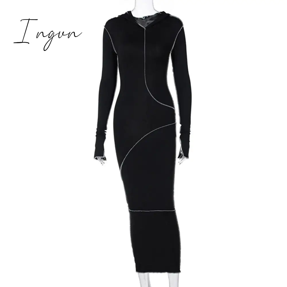 Ingvn - Long Sleeve Hooded Patchwork Skinny Maxi Dress Autumn Winter Women Fashion Streetwear Casual Outfits