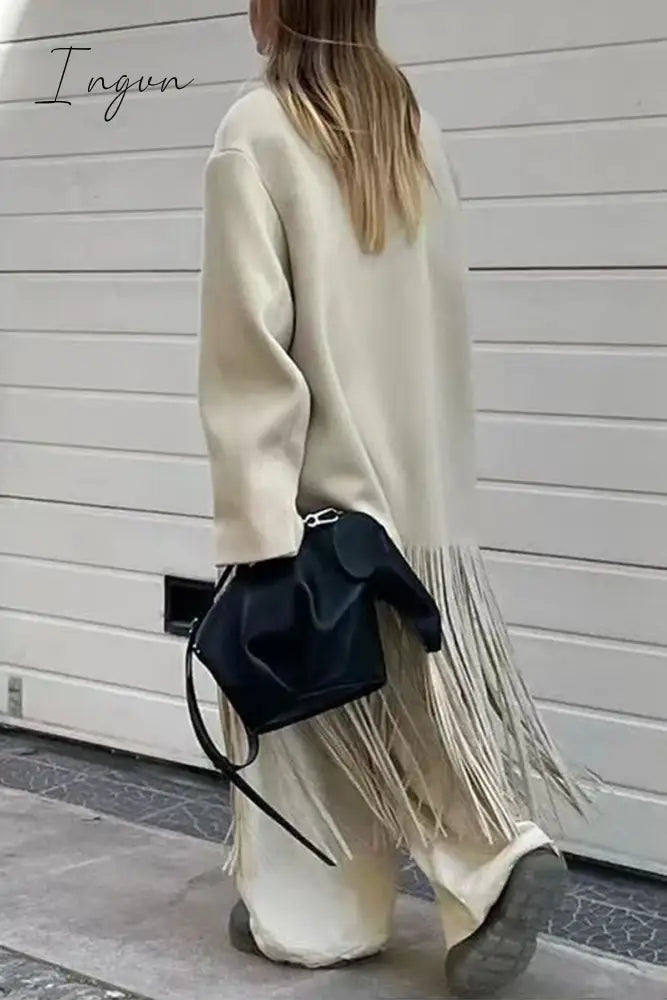 Ingvn - British Style Elegant Solid Tassel Turn-back Collar Outerwear