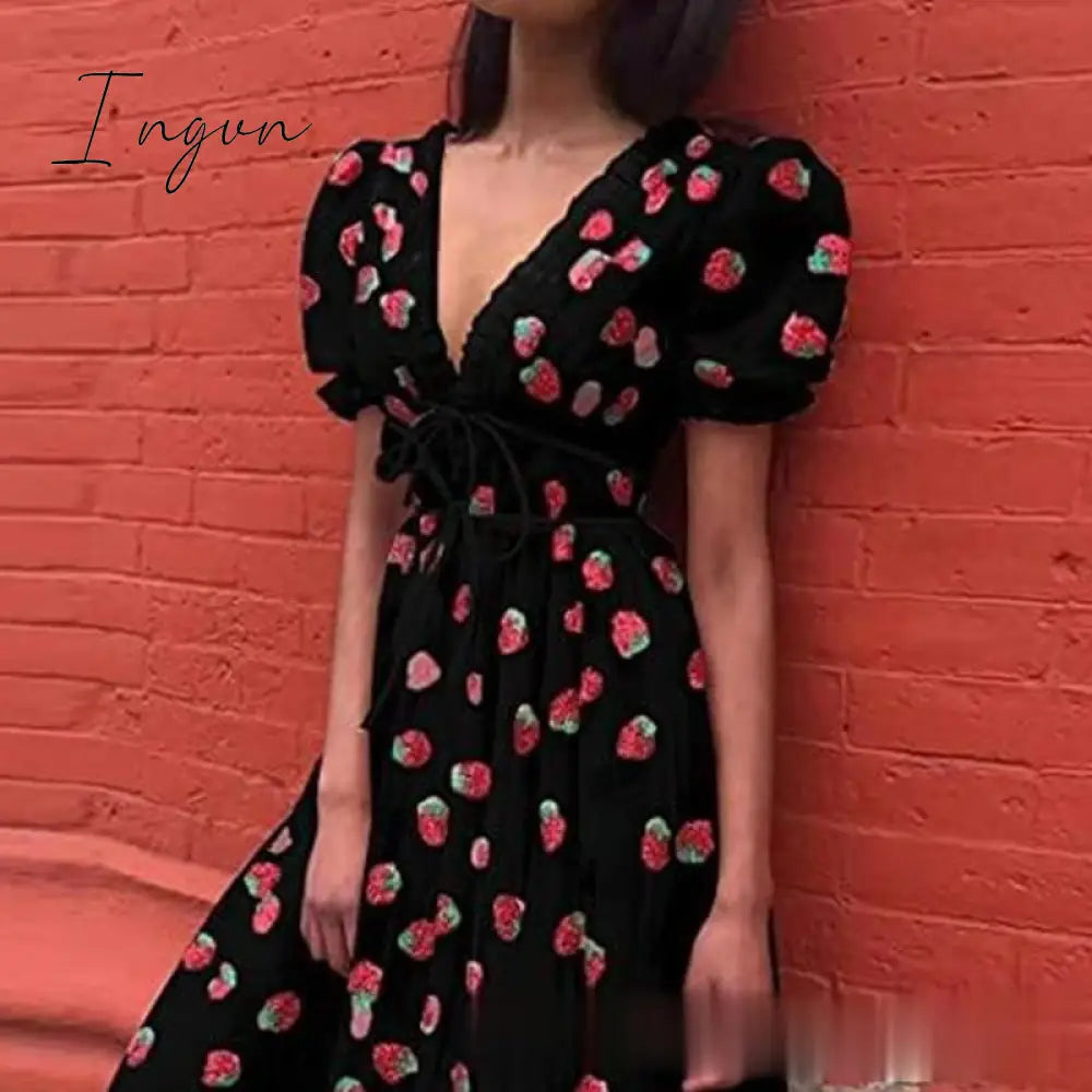 Ingvn - Spring S-5XL Sexy V-Neck Strawberry Pink Mesh Lace Pleated Belt Girly Style Cute  Plus Size High Waist Long Dress