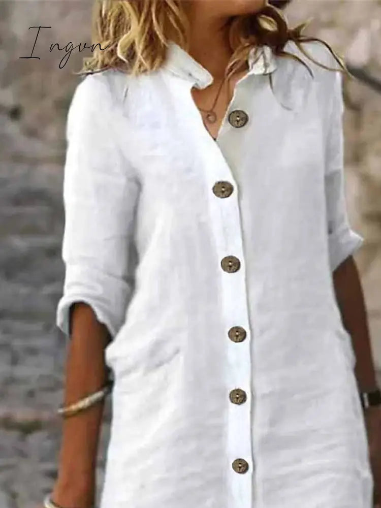 Ingvn - Women's Shirt Dress Casual Dress Cotton Linen Dress Midi Dress Cotton Blend Fashion Basic Outdoor Daily Shirt Collar Button Half Sleeve Summer Spring Fall 2023 Regular Fit Black White Green Plain S M