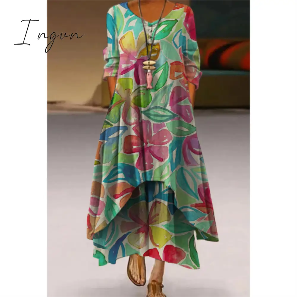 Ingvn - Fashion Summer Maxi Dress Women's Printed Sundress Casual Short Sleeve Vestidos Female High Waist Robe Femme midi elbise