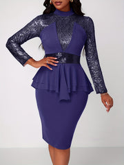 Solid Sequin Long Sleeve Tie Waist Dress, Vintage Bag Hip Bodycon Pencil Dress, Women's Clothing