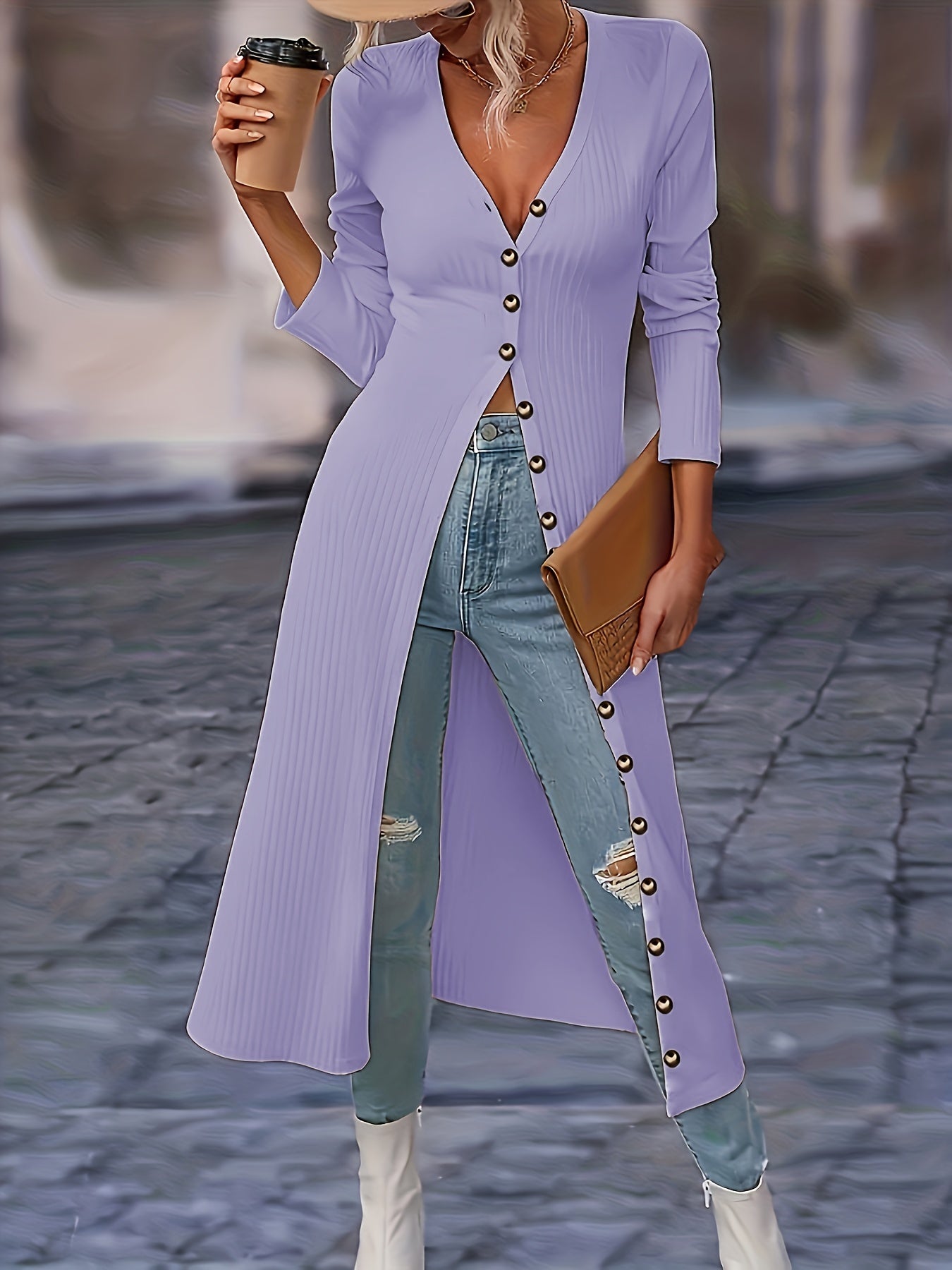 Womens Chic Solid Knit Cardigan - Soft Button Down, Long Sleeve, Slim Fit, Long Length - Perfect for Layering, Elegant Casual Wear