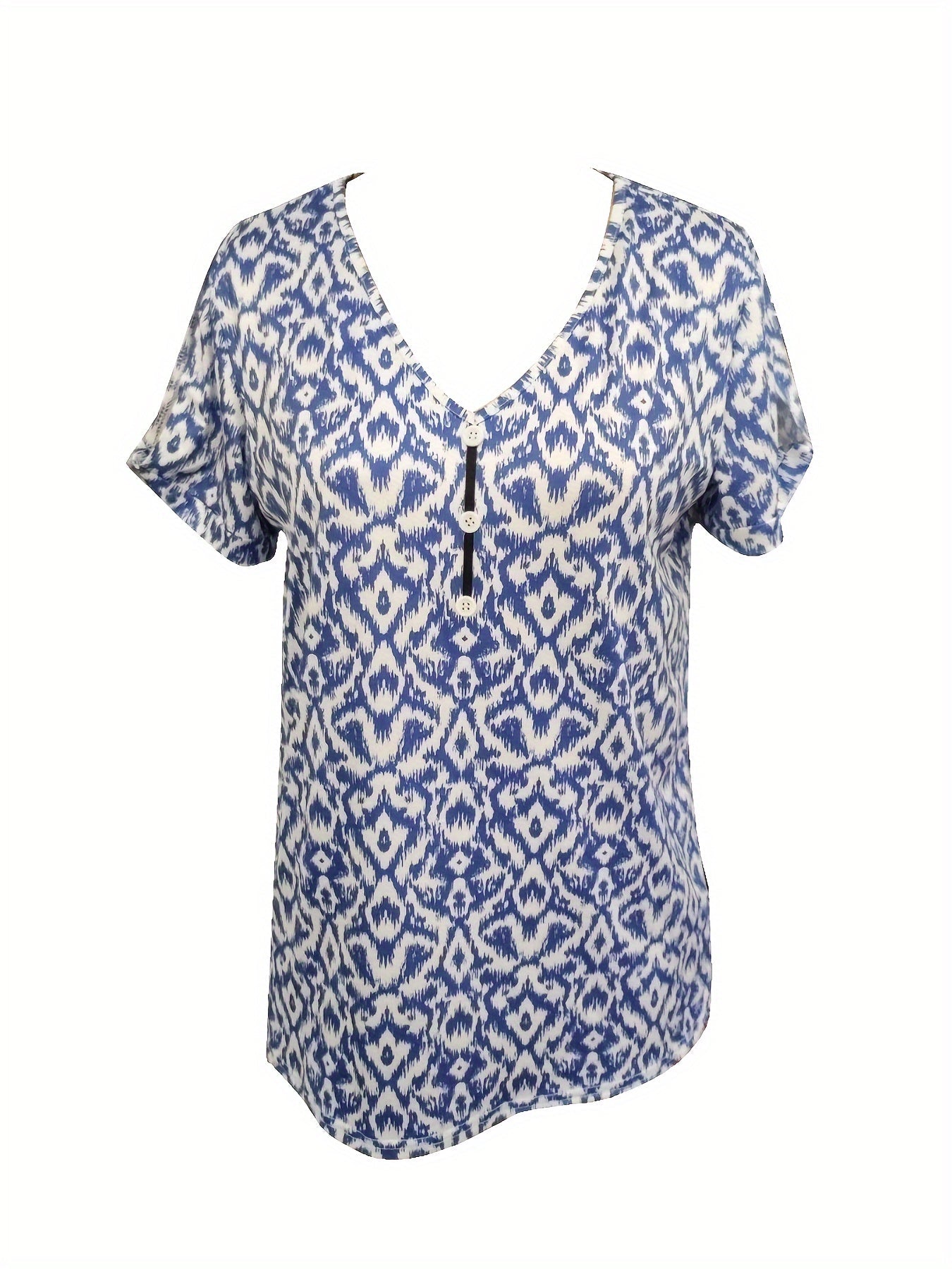 Ethnic Print Crew Neck T-shirt, Casual Cold Shoulder Short Sleeve Top For Spring & Summer, Women's Clothing