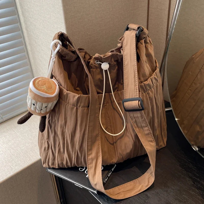 Ingvn  Simple Pleated Women's Shoulder Bag Soft Nylon Ladies Crossbody Bags Vintage Large Capacity Female Tote Drawstring Handbags