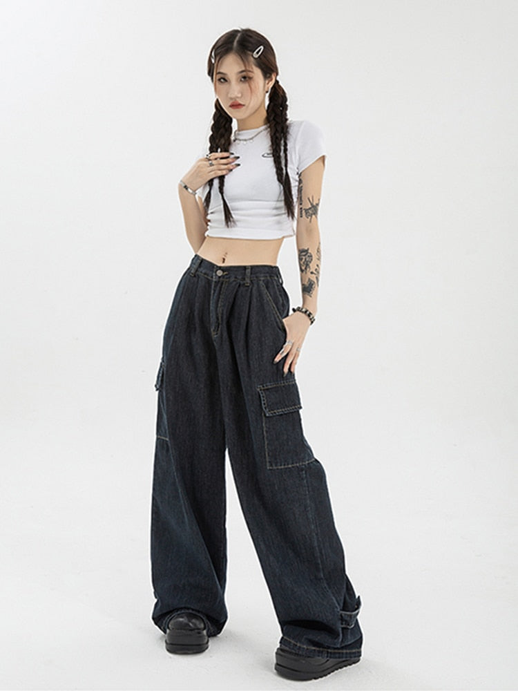 Harajuku Oversize Cargo Pants Women Japanese Streetwear Loose Wide Leg Trousers for Female Pockets Baggy Jeans Pant