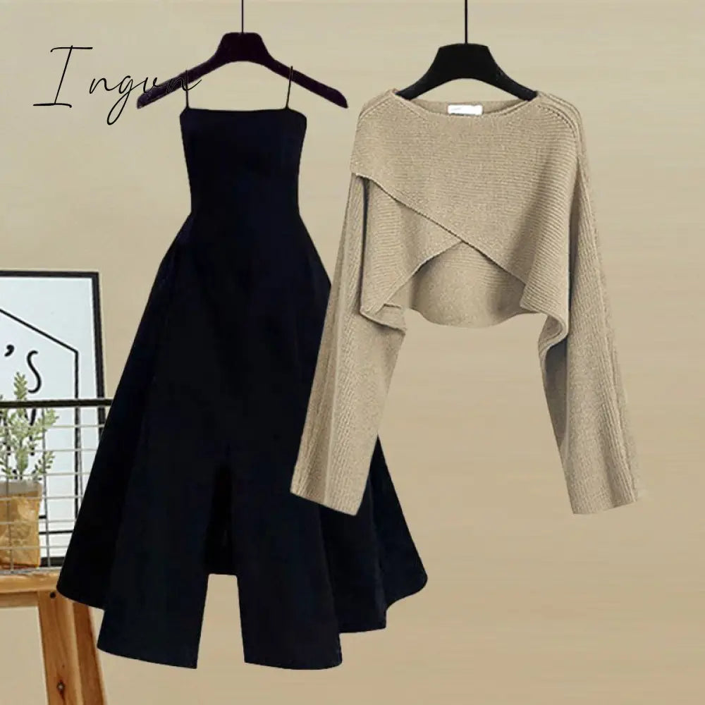 Ingvn - Spring and Autumn Set Women's 2023 New Korean Fashion Cross Knitted Sweater Age Reducing Sling Dress Two Piece Set