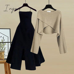 Ingvn - Spring and Autumn Set Women's 2023 New Korean Fashion Cross Knitted Sweater Age Reducing Sling Dress Two Piece Set