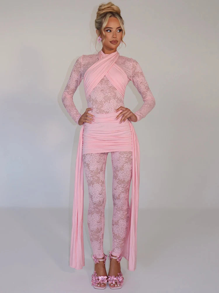 Sexy Lace Jumpsuit Women Sheer Lace Patchwork Long Sleeve Jumpsuits Female Elegant Draped Ruched Skinny Jumpsuit