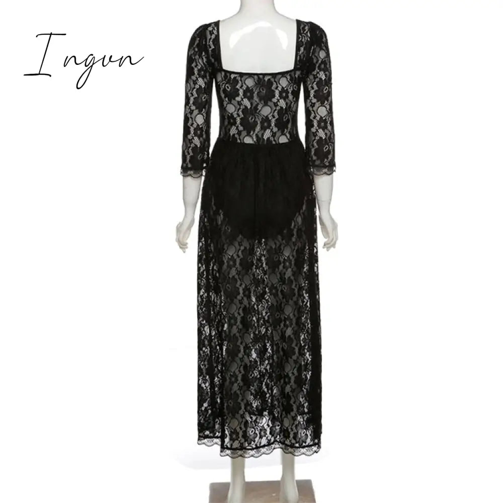 Ingvn - Summer Sexy Party Split Lace Bodycon Woman Maxi Dress Club Square Collar Black Elegant Women's Dresses