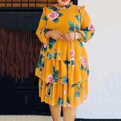 Ingvn - Office Ladies Work Wear Bow Collar Print A-Line Color Block Dress Casual Fit And Flare Pleated Dress Summer Women Fashion