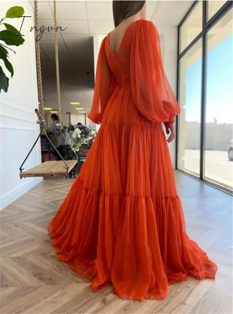 Ingvn - Long Puff Sleeves Prom Dresses V-Neck Pleats Chiffon Princess Evening Gowns Women Party Dress Plus Size Spring Autumn Dresses for Women