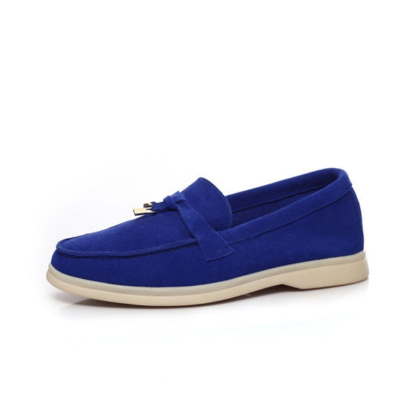 Trend New Kidsuede Women Flat Shoes Lazy Slip-on Metal Loafers Lady Casual Walk Shoes Woman Single Shoes Summer Real Leather