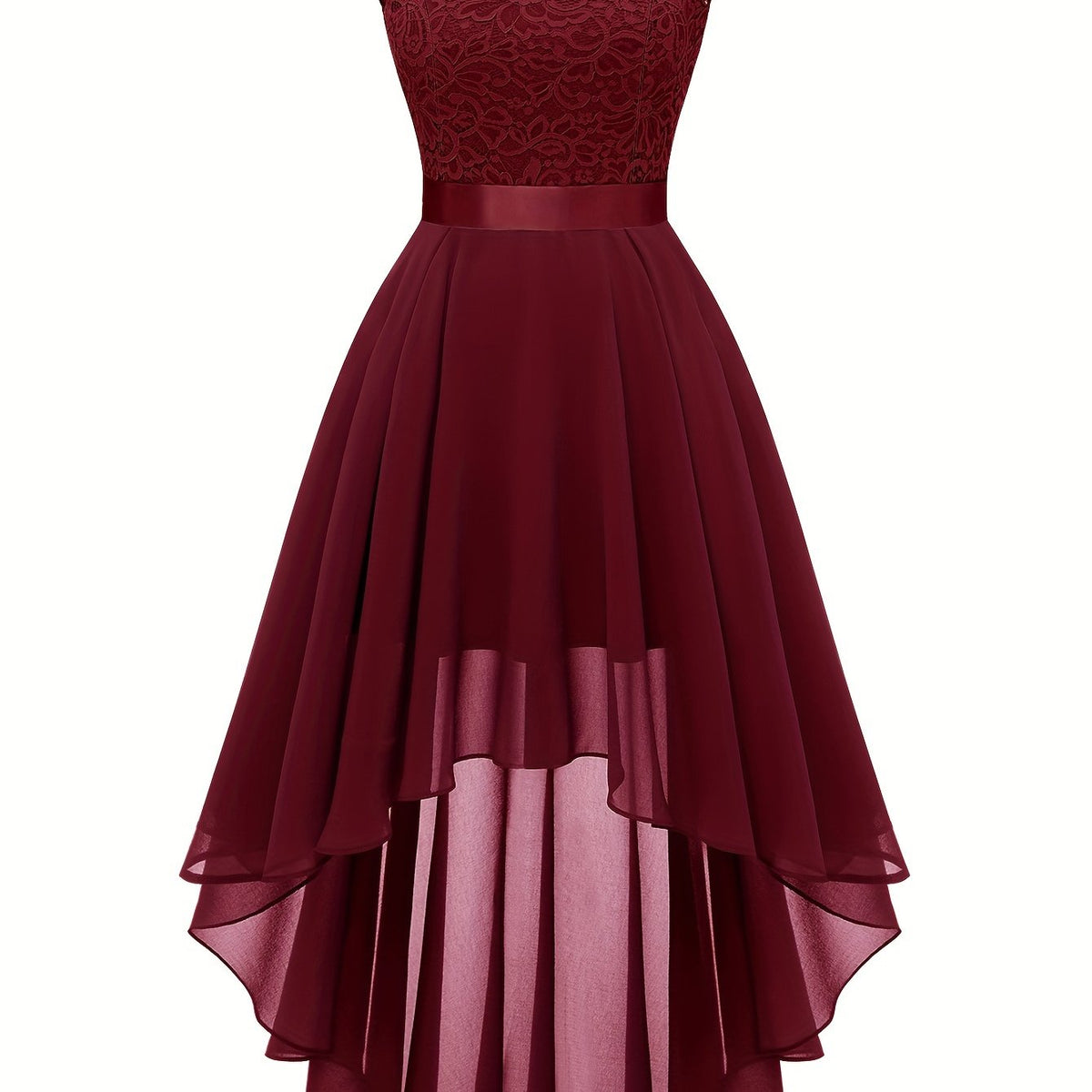 Contrast Lace Asymmetric Hem Wedding Dress, Elegant Solid Bow Waist Tank Dress For Party & Banquet, Homecoming Dress, Women's Clothing