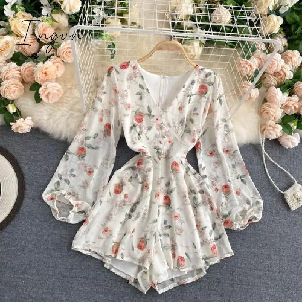 Ingvn - Women's French-Style Vintage Floral Print Jumpsuit V-neck Puff Sleeve Waist Hugging Slimming All-match Casual Playsuits