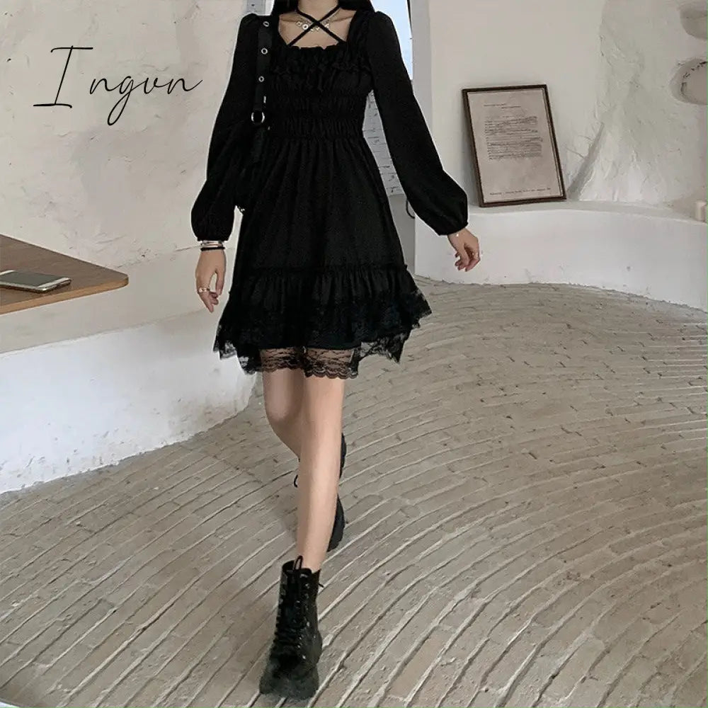 Ingvn - New Gothic Women Black Fairy Party Dress Cross Square Collar Lolita Princess Irregular Dress Cute Kawaii Lace Ruffles Chic Dress
