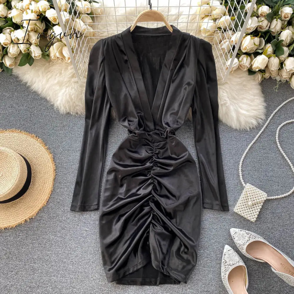 Ingvn - Women Sexy Deep V Short Dress Autumn Ruched Slim Solid Fashion Pencil Dress Korean Style Chic Slim Streetwear Dresses