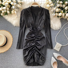Ingvn - Women Sexy Deep V Short Dress Autumn Ruched Slim Solid Fashion Pencil Dress Korean Style Chic Slim Streetwear Dresses