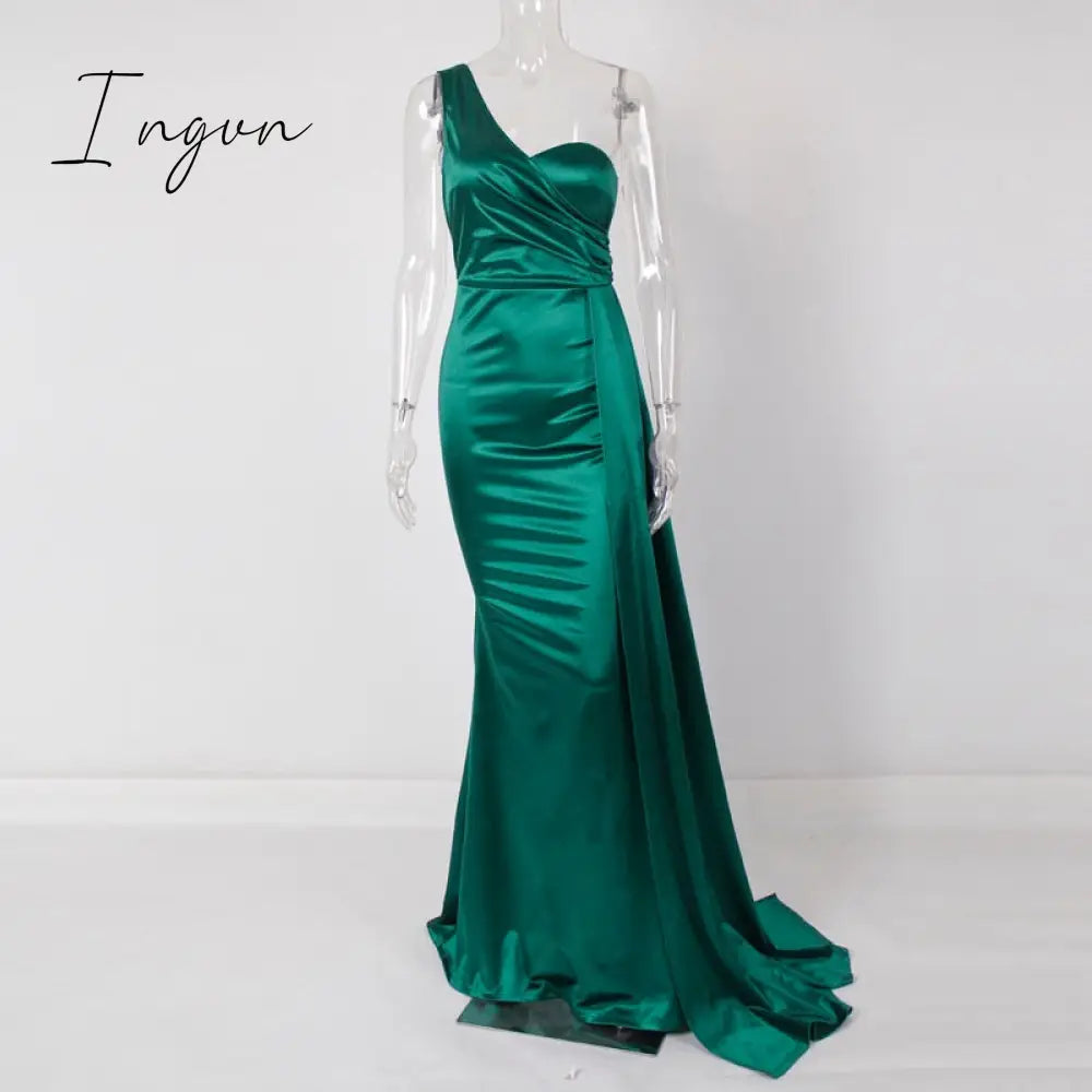 Ingvn - One Shoulder Padded Sexy Satin Maxi Dress Women's Evening Party Dress Gown with Ribbon Royal Blue Green Draped Long Dress