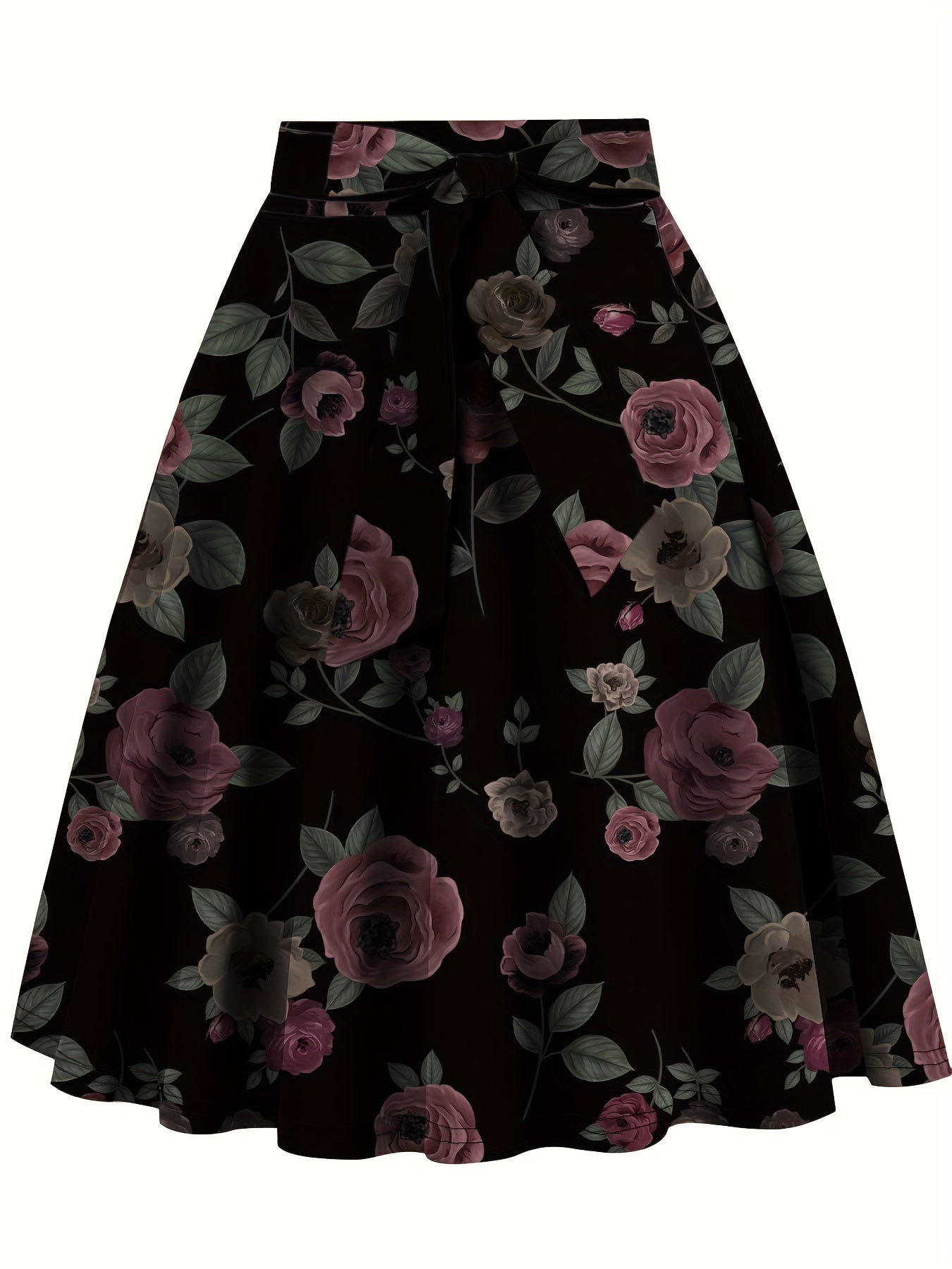 Floral Print High Waist Skirt, Elegant Belted Flared Midi Skirt, Women's Clothing