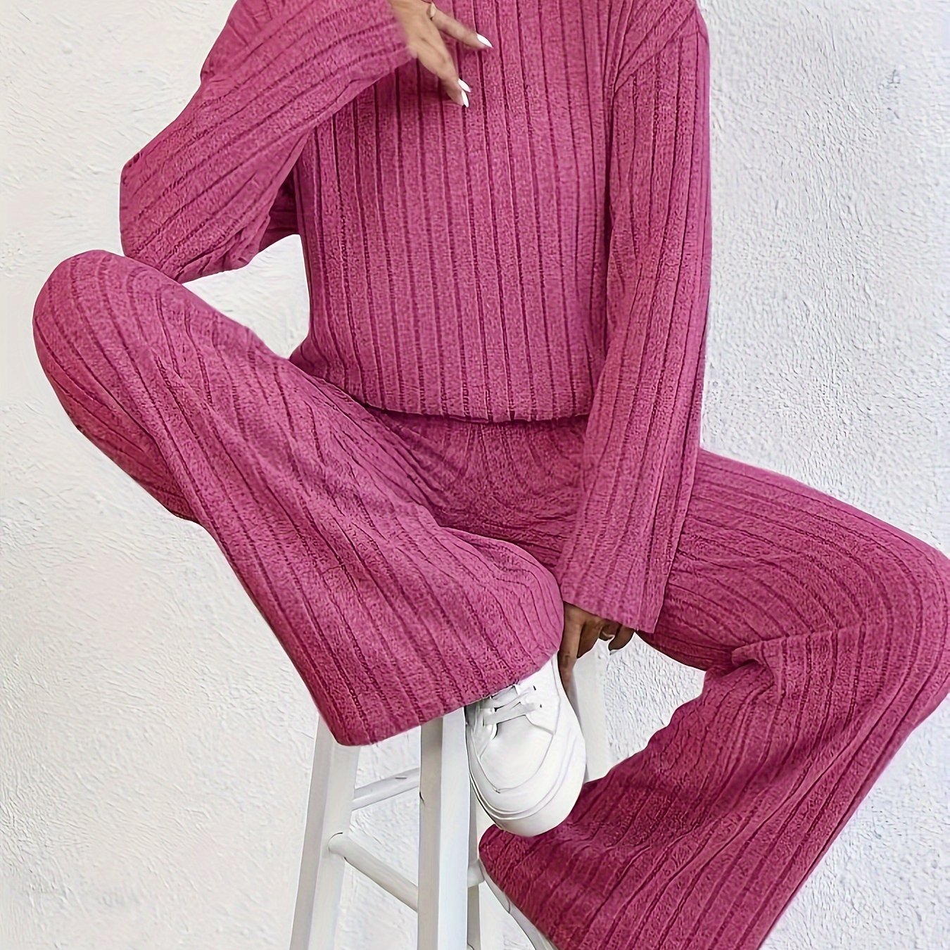Ribbed Mock Neck Two-piece Set - Cozy Long Sleeve T-shirt with Ribbed Mock Neck Design, Flattering Wide Leg Pants for a Comfortable Fit, Effortless Casual Style - Perfect for Womens Everyday Wear, Ideal Outfits for Daily Life