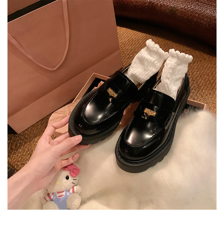 Cowhide version ~ grape mother with gas small gold coin pointed round head thick heel pedal loafers women's thick-soled small leather shoes