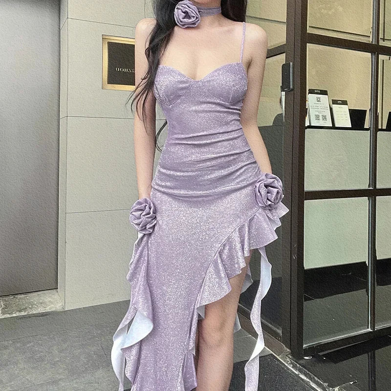 Elegant Summer New Style Women's Dress Slim Fit with Slit V-Neck Sleeveless Ankle-Length Regular Waist Line Floral Sash