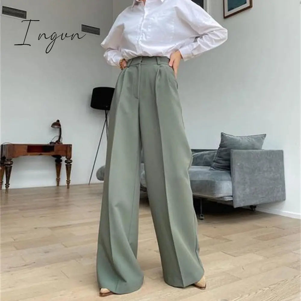 Ingvn - Outfits Trends New Spring Summer Women's Casual Straight Classic Green Black Rose Red High Waist Pants Korean Wide Leg Trousers for Women