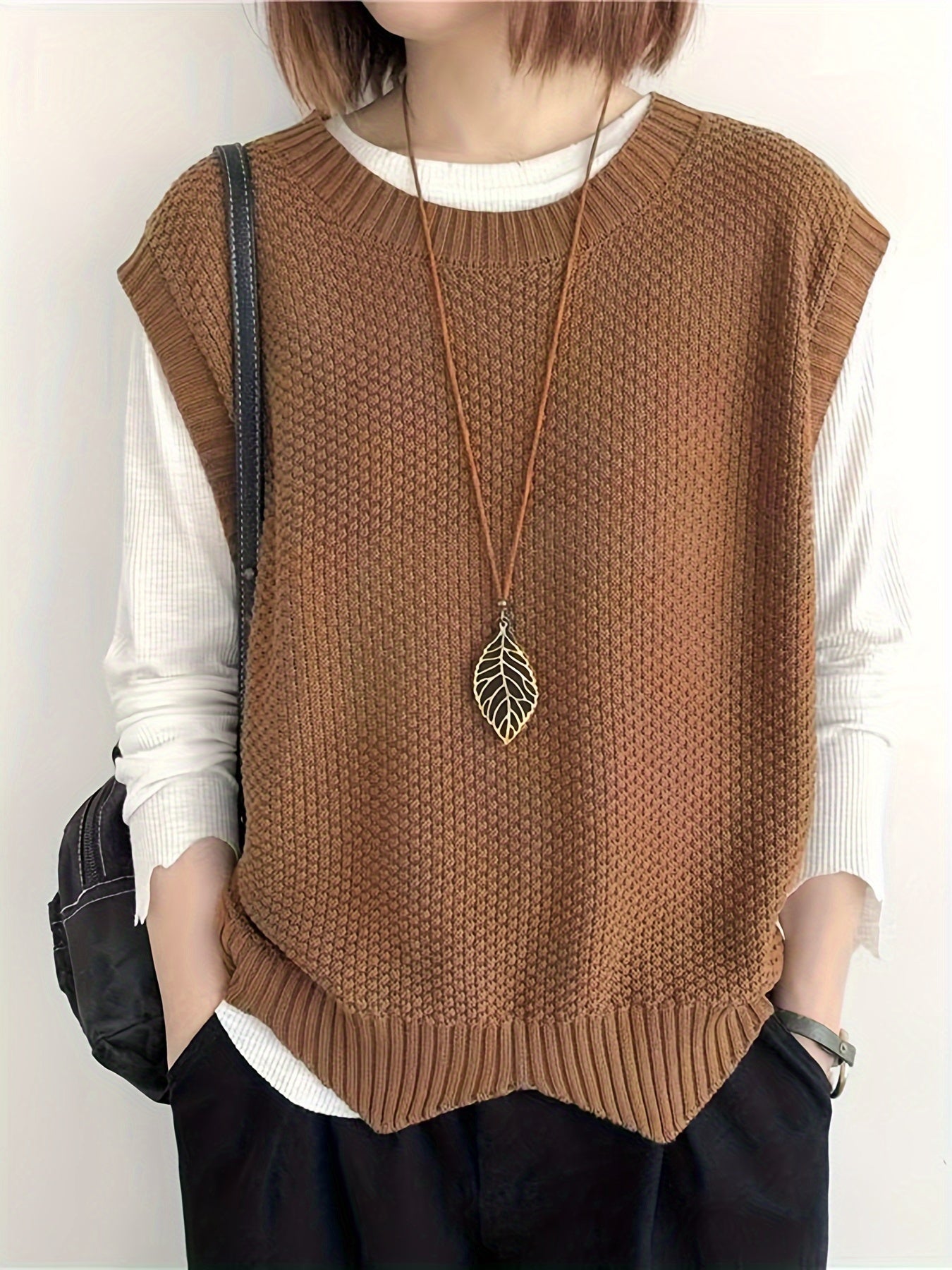Solid Crew Neck Knitted Vest, Casual Sleeveless Loose Sweater, Women's Clothing