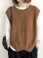 Solid Crew Neck Knitted Vest, Casual Sleeveless Loose Sweater, Women's Clothing