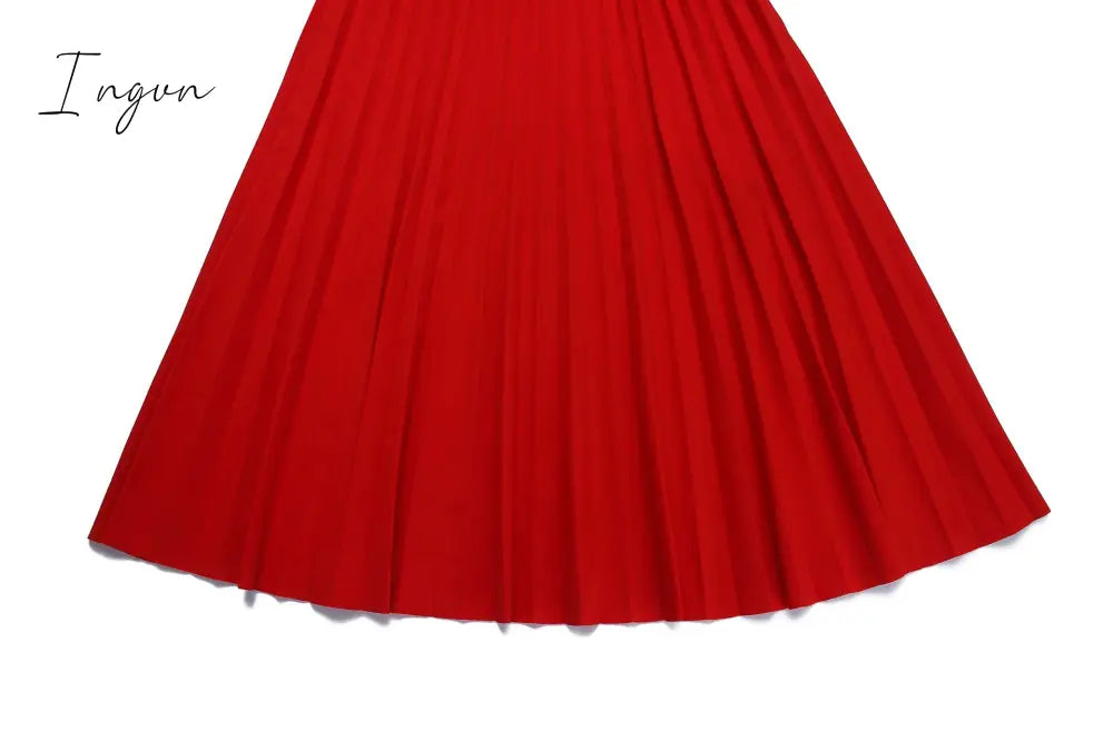 Ingvn - African Style Women Casual Belted Pleated Dress Elegant Chic Office Lady A-Line High Waist Dress Autumn Winter Fashion