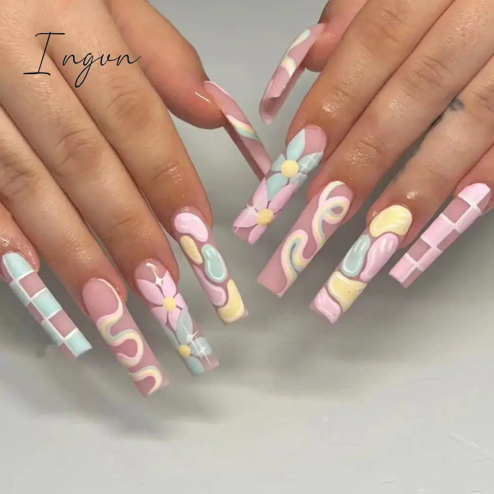 24pcs Artifical Bails With Glue Fake Nail Tips With Design Detachable Press On Nails Long Fake Nail Finished Nail Piece Sticker