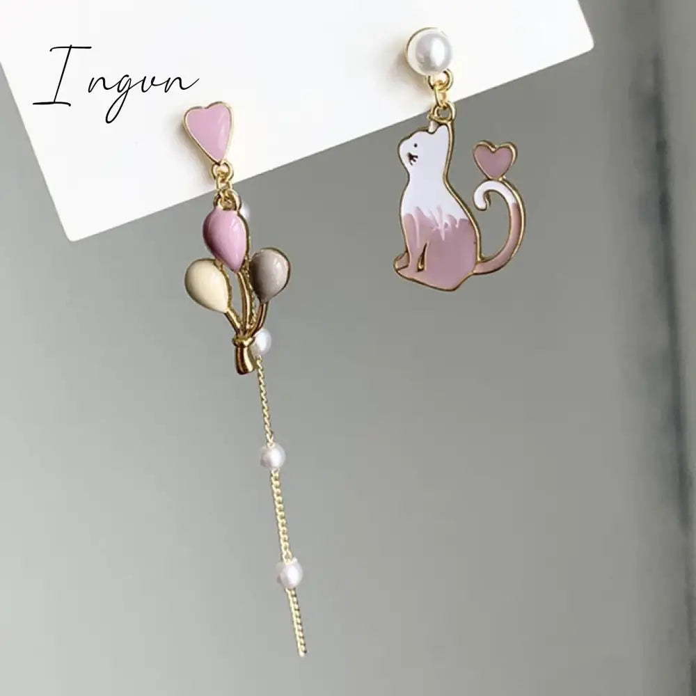 Korean Style Flower Cute Animal Dangle Earrings For Women Moon Stars Kitten Rabbit Balloon Asymmetric Earring Party Jewelry Gift