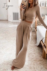 Ingvn - Round Neck Long Sleeves Wide Legs Two-Piece(4 Colors)