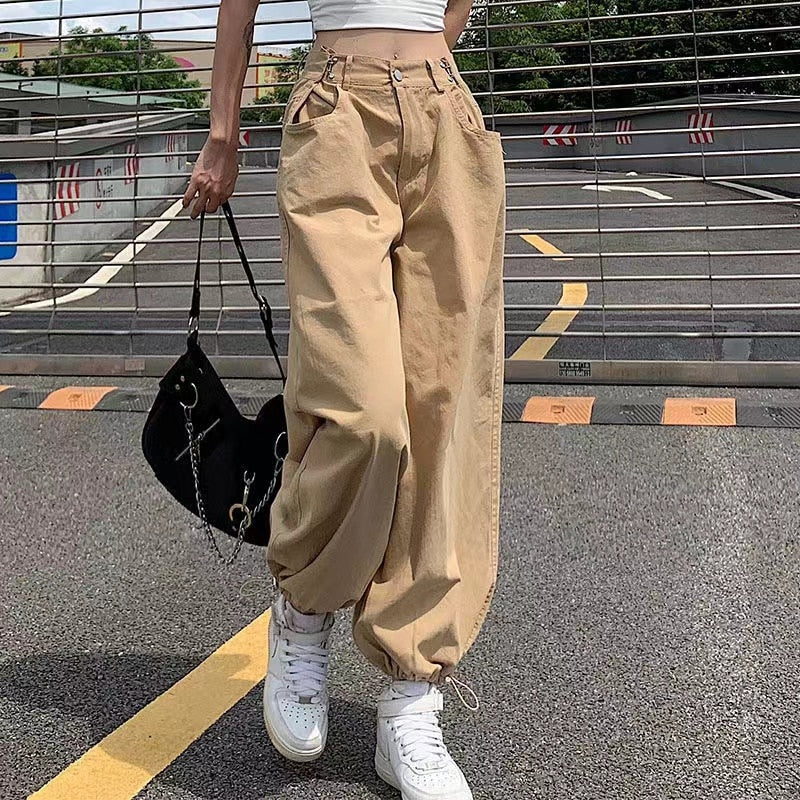 Khaki Oversized Cargo Baggy Pants Y2K Hip Hop Style Loosed  Adjustable Waist Drawstring Long Pant Streetwear 90s Style Clothes